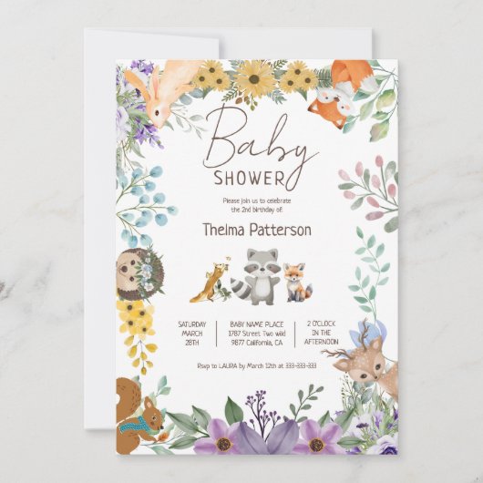 かわいい緑の森林動物の森の赤ちゃんシャワー 招待状 (正面)