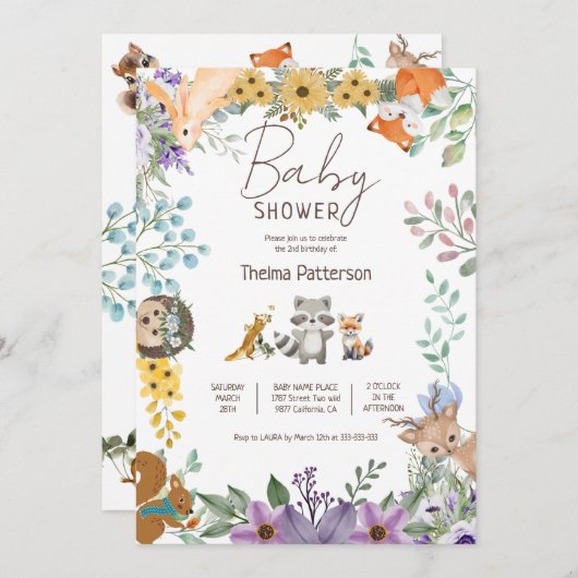 かわいい緑の森林動物の森の赤ちゃんシャワー 招待状 (正面/裏面)