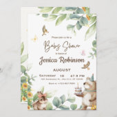 かわいい緑の森林動物の森の赤ちゃんシャワー 招待状 (正面/裏面)