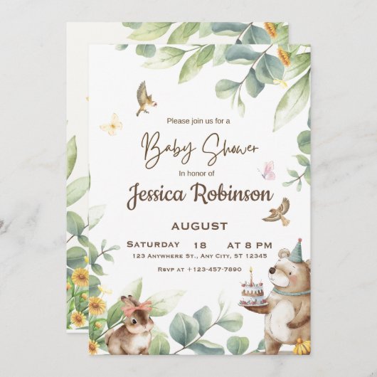 かわいい緑の森林動物の森の赤ちゃんシャワー 招待状 (正面/裏面)