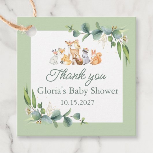 かわいい緑の森林動物の赤ちゃんシャワー フェイバータグ (正面)