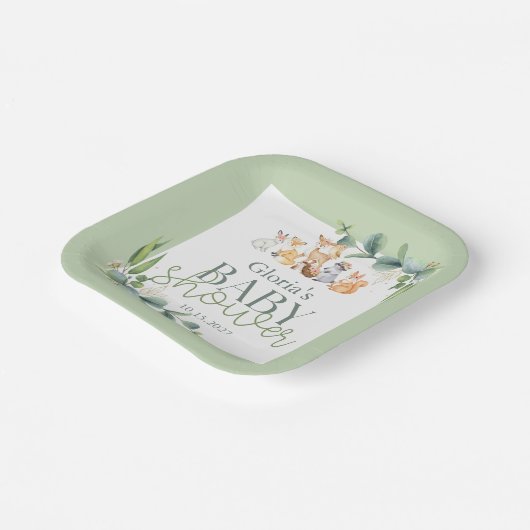 かわいい緑の森林動物の赤ちゃんシャワー ペーパープレート (傾斜あり)