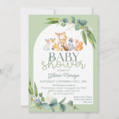かわいい緑の森林動物の赤ちゃんシャワー 招待状 (正面)