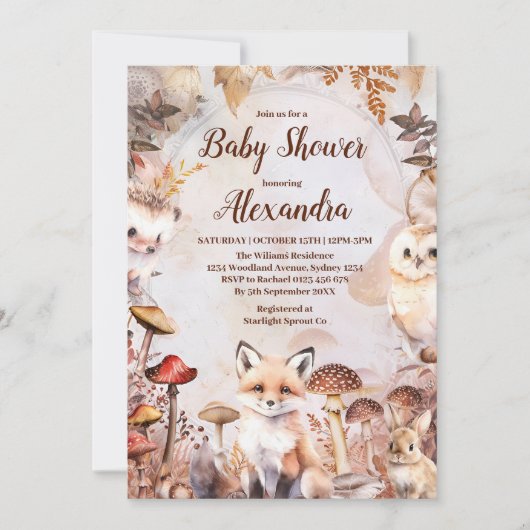 かわいい緑の森林動物ウッドランドベビーシャワー 招待状 (正面)