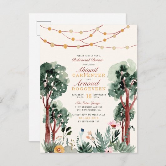 かわいい緑の植物の木々フローラリハーサルディナー インビテーションポストカード (正面/裏面)