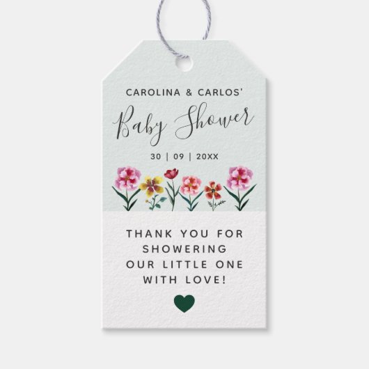 かわいい緑の水の色のフローラジョイント赤ちゃんシャワー ギフトタグ (正面)