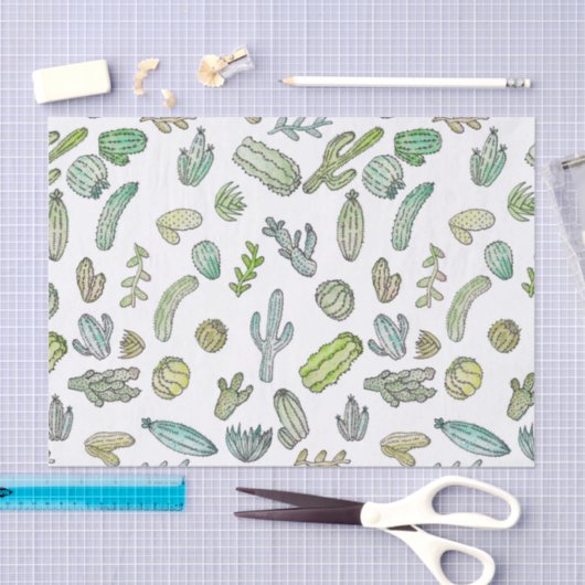 かわいい緑の水彩画のペンキの夏のサボテンパターン 薄葉紙 (クラフト)