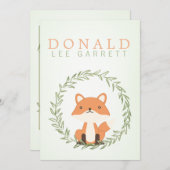 かわいい緑の水色のキツネ男の赤ちゃん写真誕生 案内状 (正面/裏面)