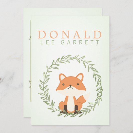 かわいい緑の水色のキツネ男の赤ちゃん写真誕生 案内状 (正面/裏面)