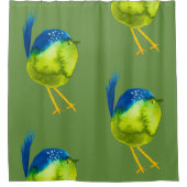 かわいい緑の水色の鳥 シャワーカーテン (正面)