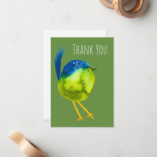 かわいい緑の水色の鳥 ノートカード (正面/裏面インサイチュ)
