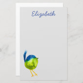 かわいい緑の水色の鳥 便箋 (正面/裏面)