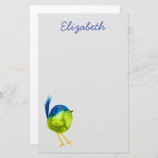 かわいい緑の水色の鳥 便箋 (正面/裏面)