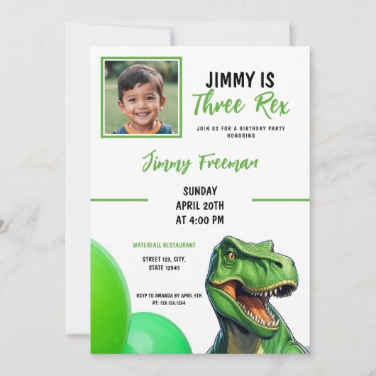 かわいい緑の漫画トレックスの写真誕生日 招待状 (正面)