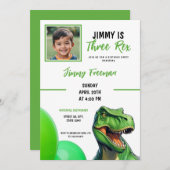 かわいい緑の漫画トレックスの写真誕生日 招待状 (正面/裏面)