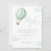 かわいい緑の熱気球ベイビーシャワー サンキューカード (正面)