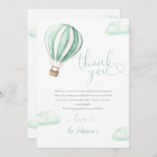 かわいい緑の熱気球ベイビーシャワー サンキューカード (正面/裏面)