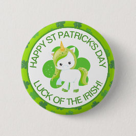かわいい緑の笑顔アイルランドのラッキーユニコーンとクローバー 缶バッジ