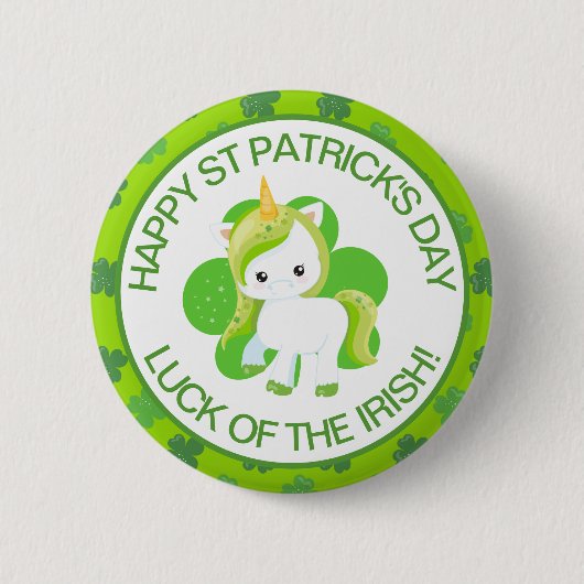 かわいい緑の笑顔アイルランドのラッキーユニコーンとクローバー 缶バッジ (正面)