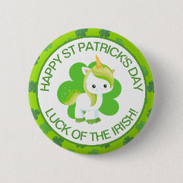 かわいい緑の笑顔アイルランドのラッキーユニコーンとクローバー 缶バッジ