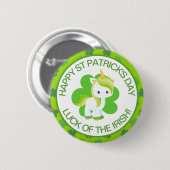 かわいい緑の笑顔アイルランドのラッキーユニコーンとクローバー 缶バッジ (正面&裏面)