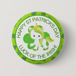 かわいい緑の笑顔アイルランドのラッキーユニコーンとクローバー 缶バッジ