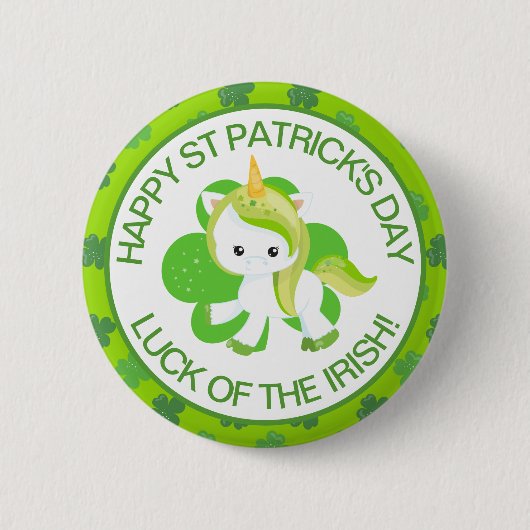 かわいい緑の笑顔アイルランドのラッキーユニコーンとクローバー 缶バッジ (正面)