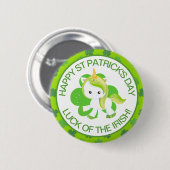 かわいい緑の笑顔アイルランドのラッキーユニコーンとクローバー 缶バッジ (正面&裏面)