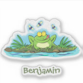 かわいい緑の腹ペコカエル漫画イラスト シール (正面)