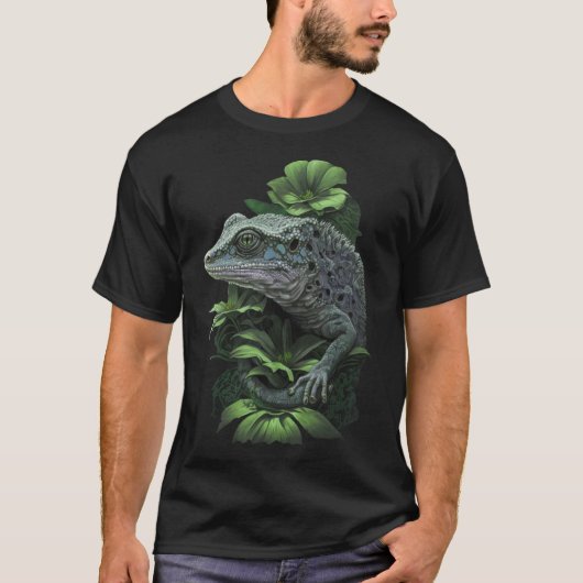 かわいい緑の花ゲッコ野生動物トカゲ Tシャツ (正面)