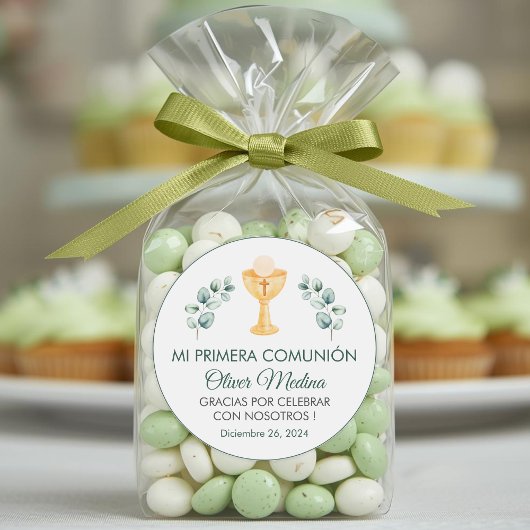 かわいい緑の葉のスペイン語初聖体拝領 ラウンドシール