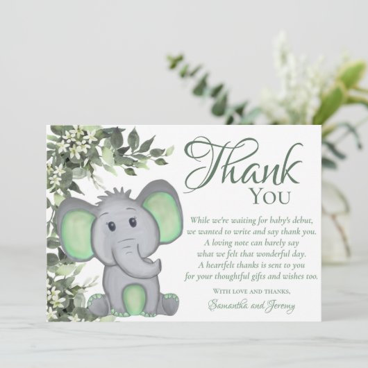 かわいい緑の象男女兼用の赤ちゃんシャワー サンキューカード (スタンド正面)