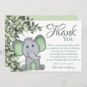 かわいい緑の象男女兼用の赤ちゃんシャワー サンキューカード (正面/裏面)