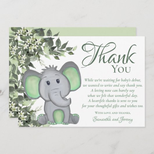 かわいい緑の象男女兼用の赤ちゃんシャワー サンキューカード (正面/裏面)