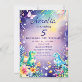 かわいい緑の赤ちゃん恐竜 青をテーマにしたもの 招待状 (正面)