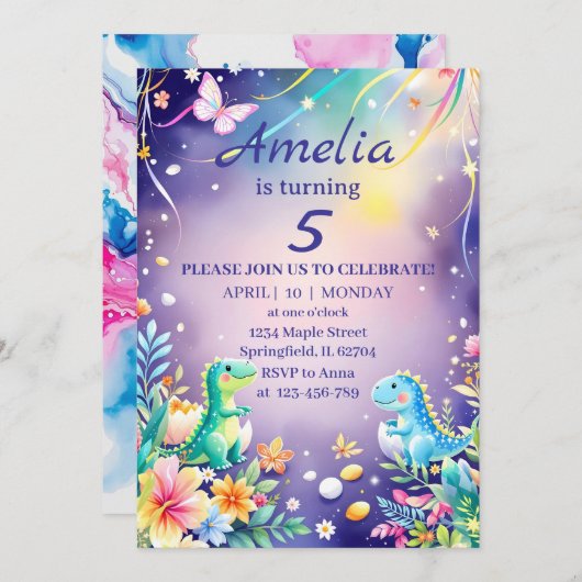 かわいい緑の赤ちゃん恐竜 青をテーマにした 招待状 (正面/裏面)