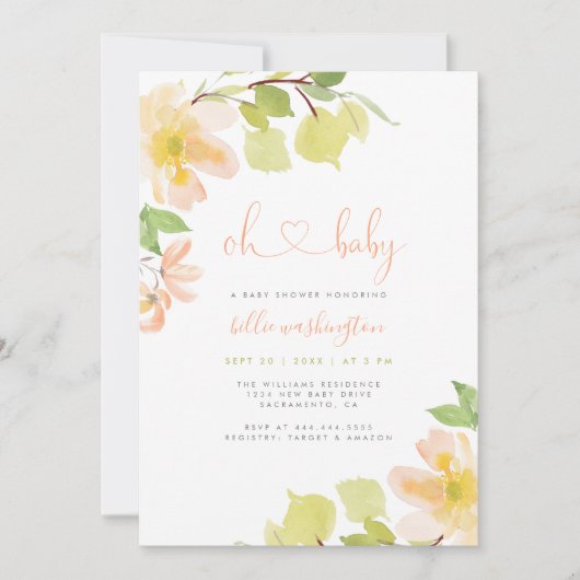 かわいい緑の赤面ピンクのフローラオ赤ちゃんシャワー 招待状 (正面)