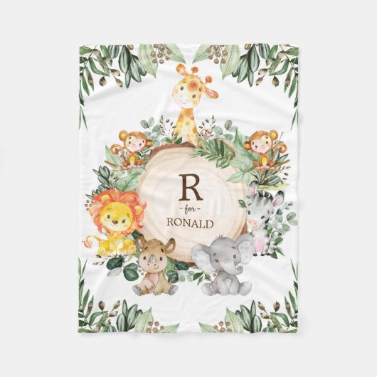かわいい緑の野生ジャングルサファリアニマルズ子供部屋 フリースブランケット (正面)