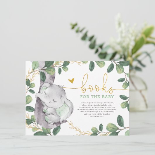 かわいい緑の金ゴールド緑の象の本ベビー エンクロージャーカード (スタンド正面)