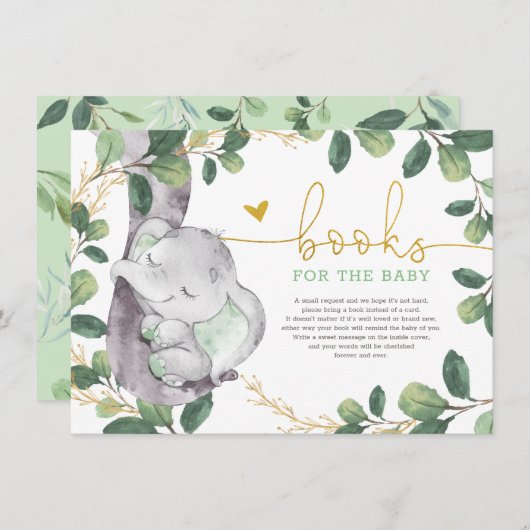 かわいい緑の金ゴールド緑の象の本ベビー エンクロージャーカード (正面/裏面)