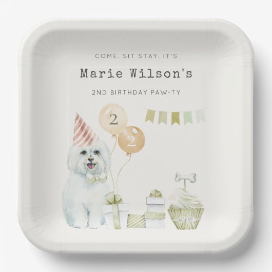 かわいい緑の錆びパーティー子犬任意の年齢誕生日 ペーパープレート (正面)