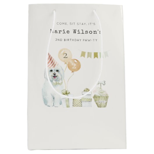 かわいい緑の錆びパーティー子犬任意の年齢誕生日 ミディアムペーパーバッグ (正面)