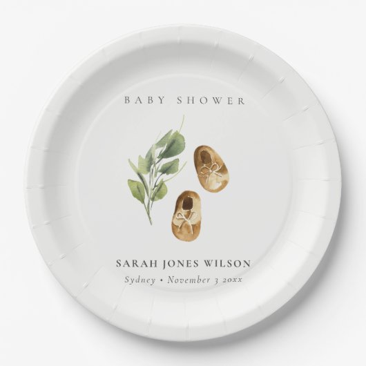 かわいい緑の錆オレンジシューズ葉ベビーシャワー ペーパープレート (正面)