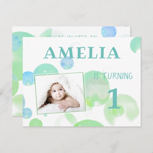 かわいい緑の青の泡1回目の誕生日パーティー写真 インビテーションポストカード (正面/裏面)