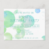 かわいい緑の青の泡1回目の誕生日パーティー写真 インビテーションポストカード (裏面)