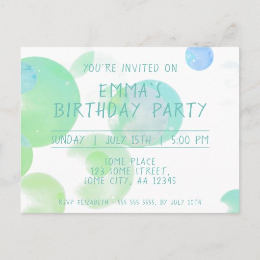 かわいい緑の青の泡1回目の誕生日パーティー写真 インビテーションポストカード (裏面)