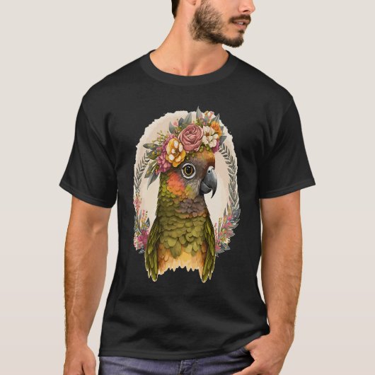 かわいい緑の頬のキュアオウム鳥の花の冠P Tシャツ (正面)