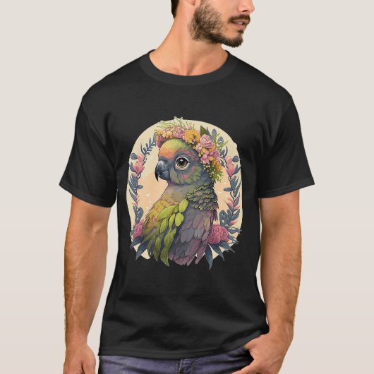 かわいい緑の頬のキュアオウム鳥の花の冠P Tシャツ (正面)