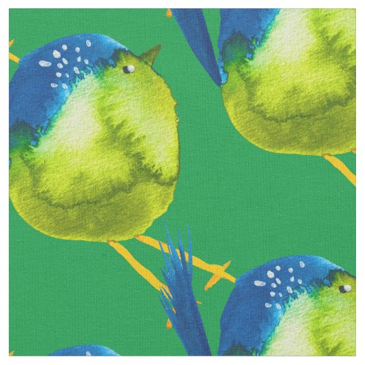 かわいい緑の鳥の水色 ファブリック (クローズアップ)