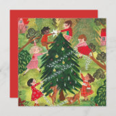 かわいい緑飾のクリスマスツリーの子ども達 シーズンカード (正面/裏面)